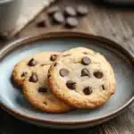 Close-up of a shortbread cookie with chocolate chips on a clean background.