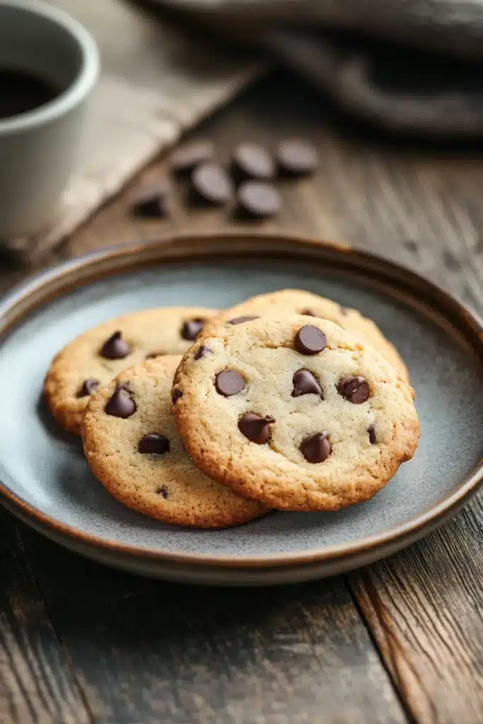 Close-up of a shortbread cookie with chocolate chips on a clean background.