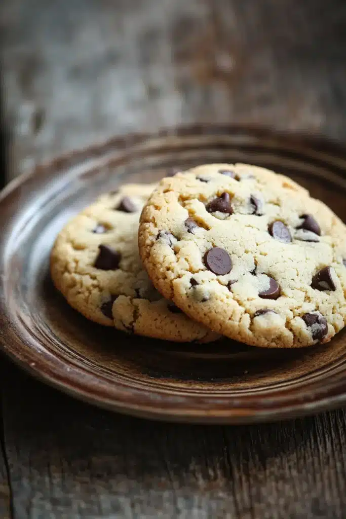Close-up of shortbread cookies with chocolate chips on a clean background.