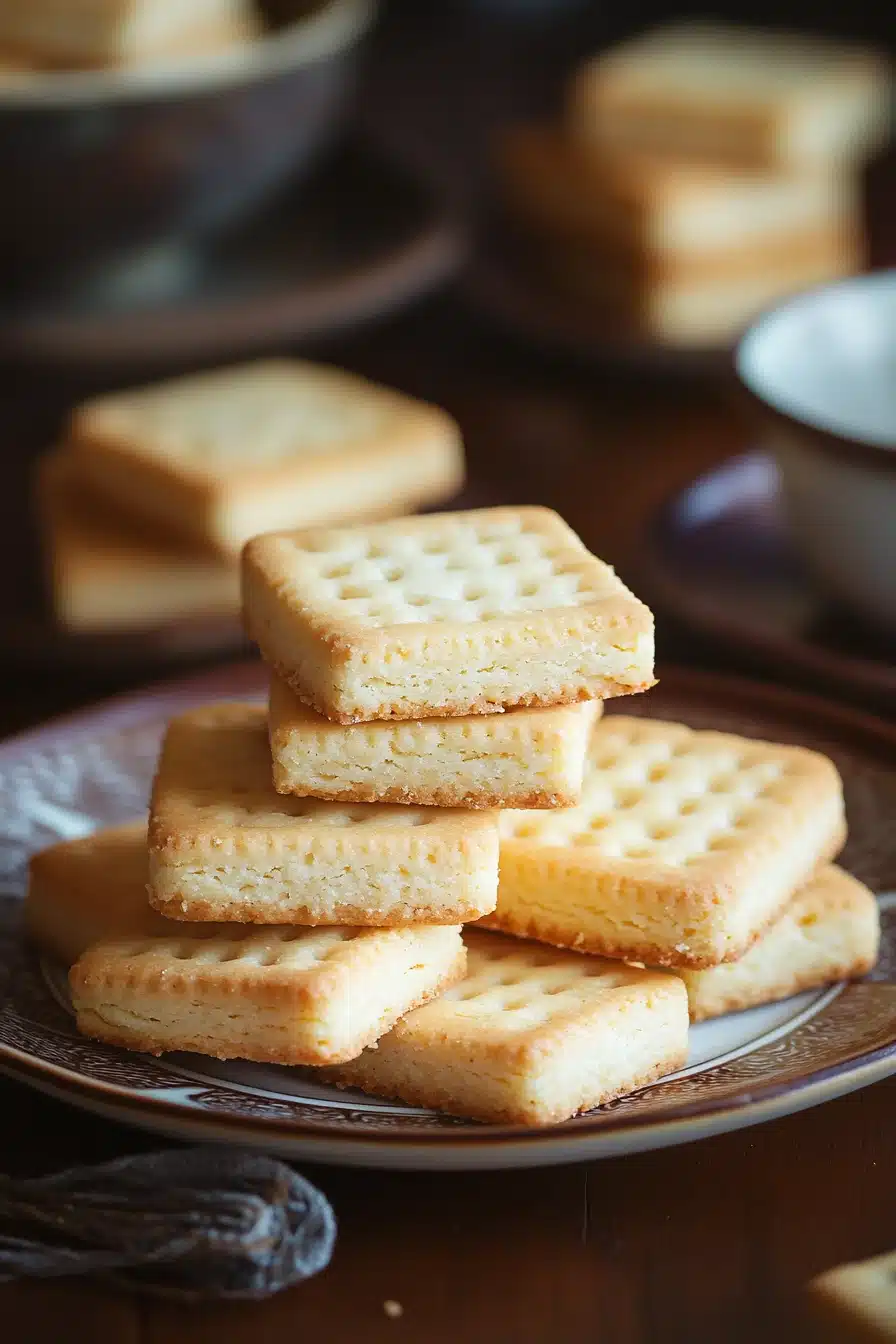 Close-up of golden shortbread cookies on a white plate, no mixer required