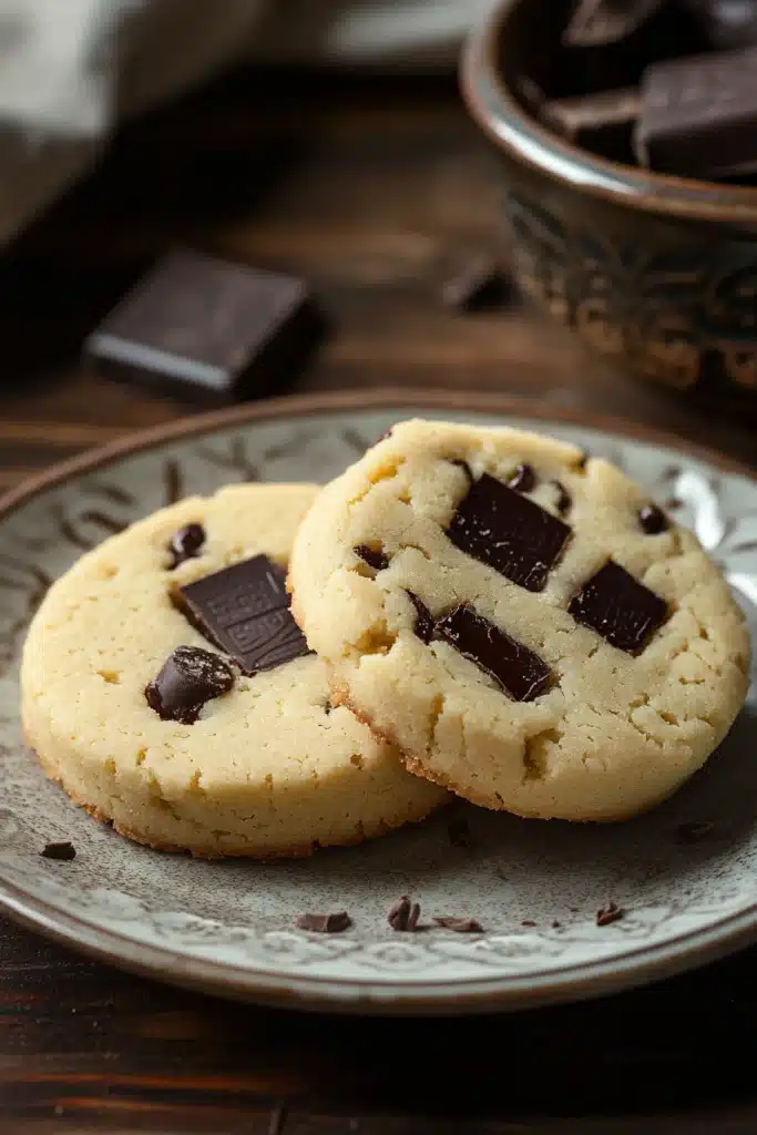 Close-up of a shortbread cookie with chocolate on a clean background.