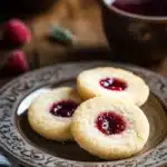Close-up of shortbread cookies with filling on a clean background, showcasing texture and detail.