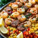 Close-up of shrimp, corn, and sausage on a sheet pan with vibrant colors and textures