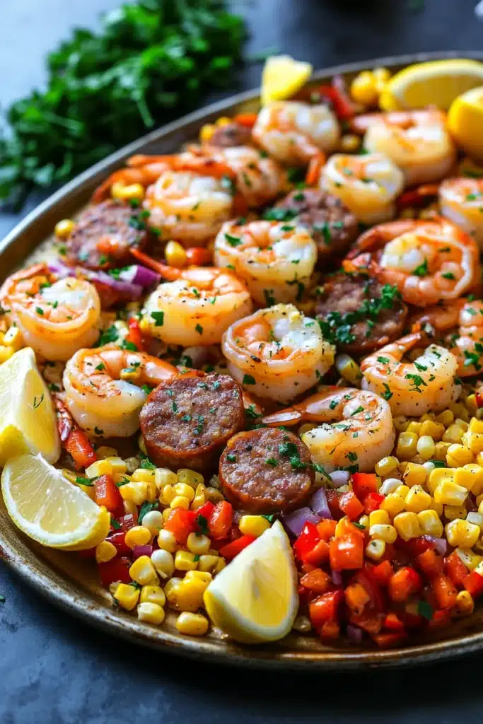 Close-up of shrimp, corn, and sausage on a sheet pan with vibrant colors and textures