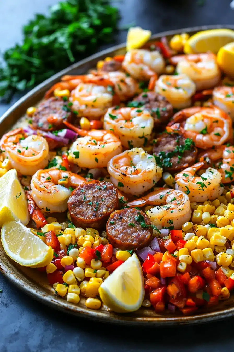 Close-up of shrimp, corn, and sausage on a sheet pan with vibrant colors and textures