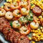 Close-up of shrimp, corn, and sausage on a sheet pan with bright lighting