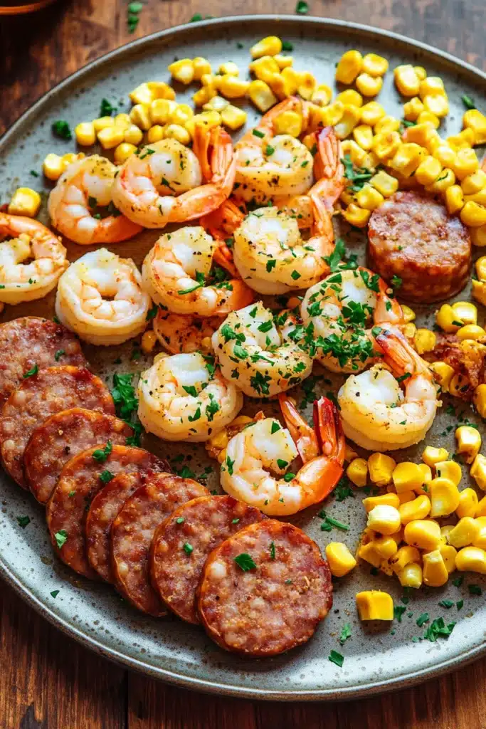 Close-up of shrimp, corn, and sausage on a sheet pan with bright lighting