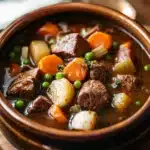 Close-up of slow cooker beef and potatoes stew with rich, hearty textures.