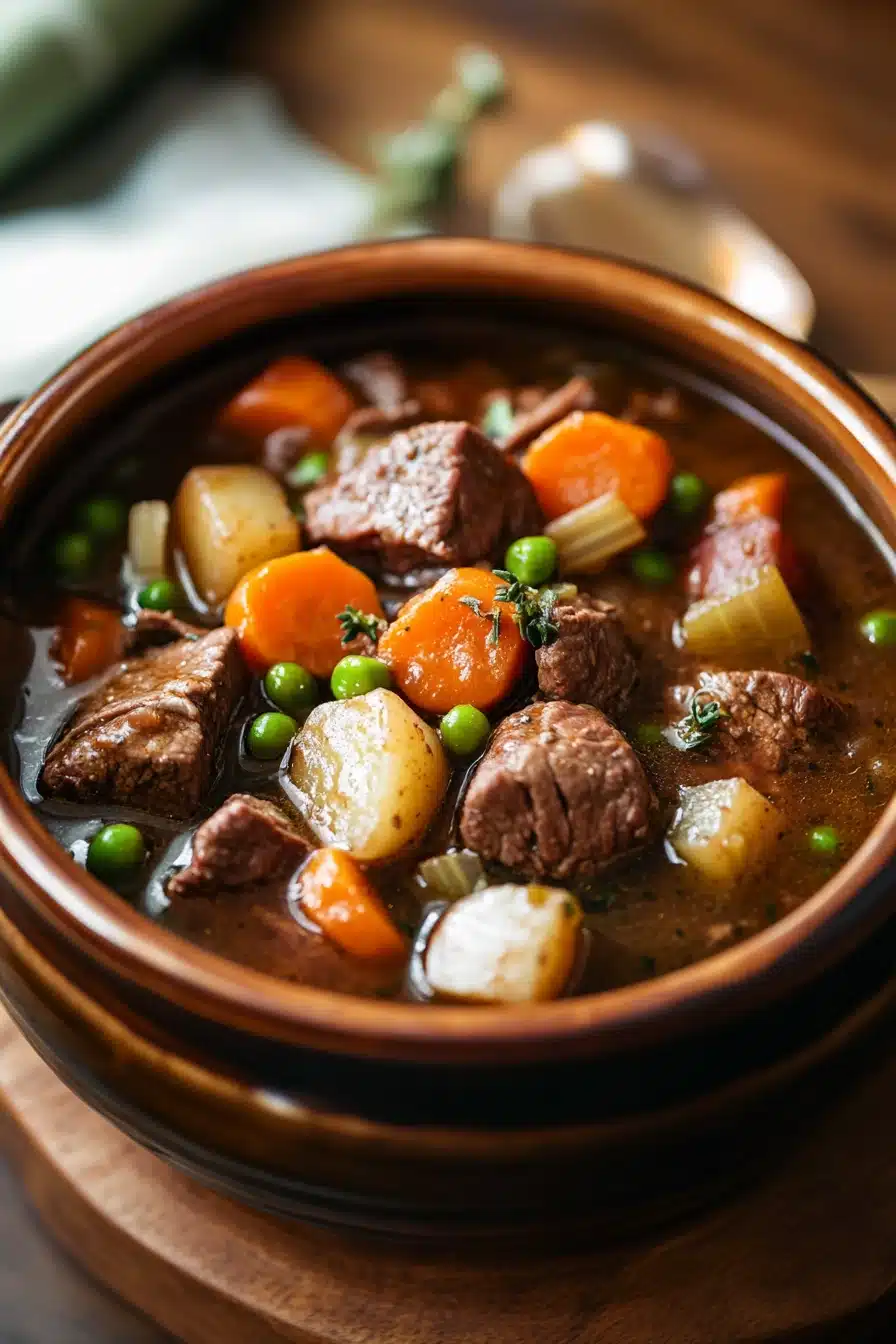 Close-up of slow cooker beef and potatoes stew with rich, hearty textures.