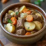 Close-up of a slow cooker beef and potatoes stew with rich, hearty textures.