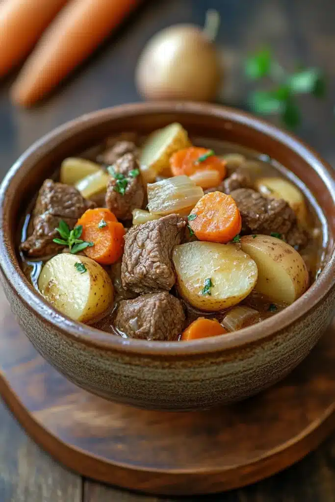 Close-up of a slow cooker beef and potatoes stew with rich, hearty textures.