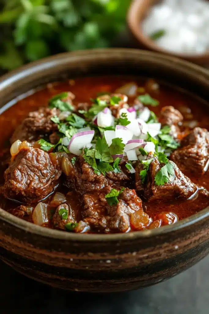 Close-up of slow cooker beef birria with rich textures and vibrant colors
