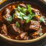 Close-up of slow cooker beef birria with rich, hearty textures and vibrant colors.