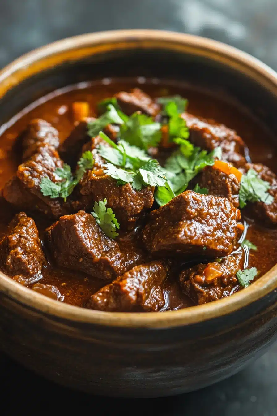 Close-up of slow cooker beef birria with rich, hearty textures and vibrant colors.