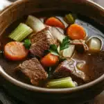 Close-up of a slow cooker beef broth with rich textures and warm lighting.