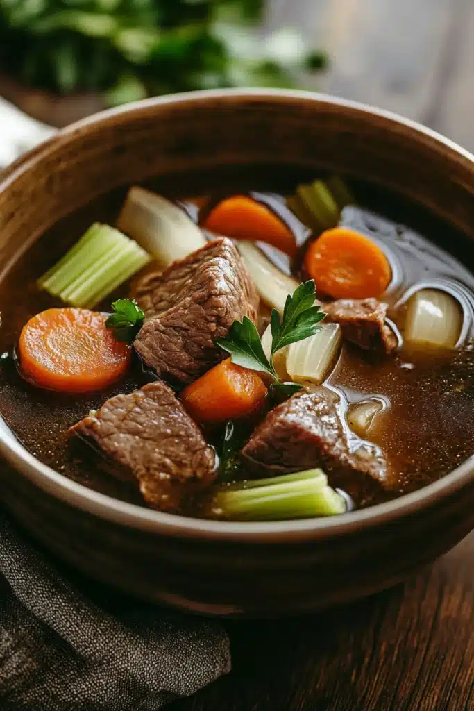 Close-up of a slow cooker beef broth with rich textures and warm lighting.