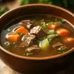 Close-up of slow cooker beef broth with rich textures and warm lighting