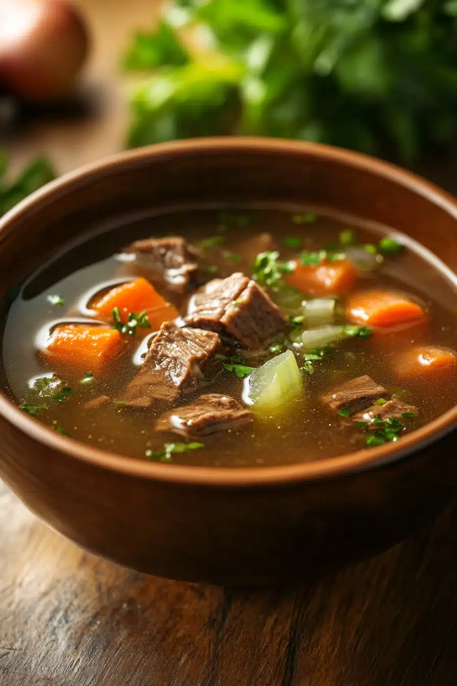Close-up of slow cooker beef broth with rich textures and warm lighting