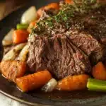 Close-up of a slow cooker beef chuck roast with rich, savory juices and herbs.