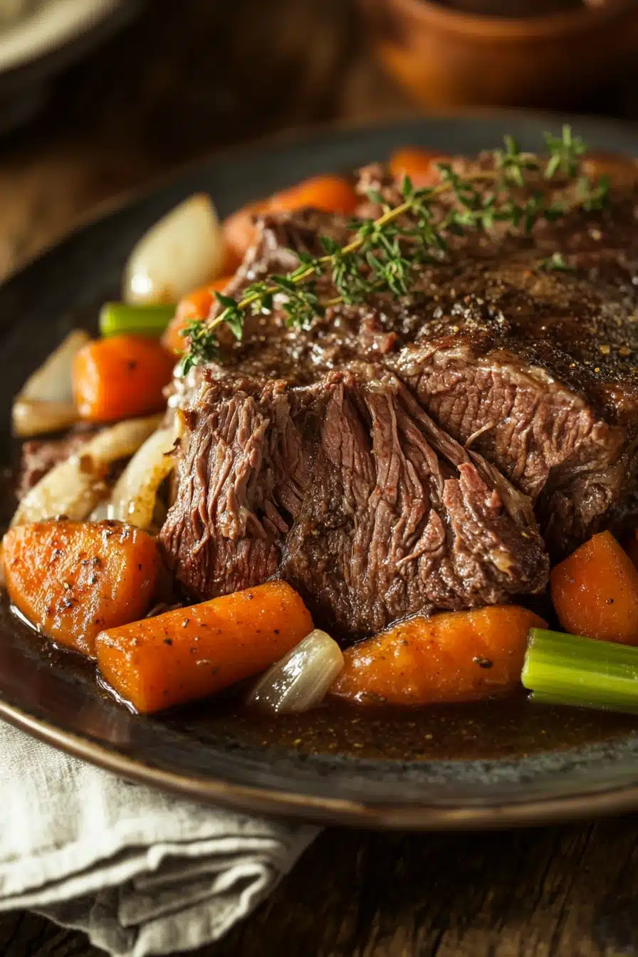 Close-up of a slow cooker beef chuck roast with rich, savory juices and herbs.