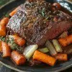 Close-up of a slow cooker beef chuck roast with rich textures and natural lighting.