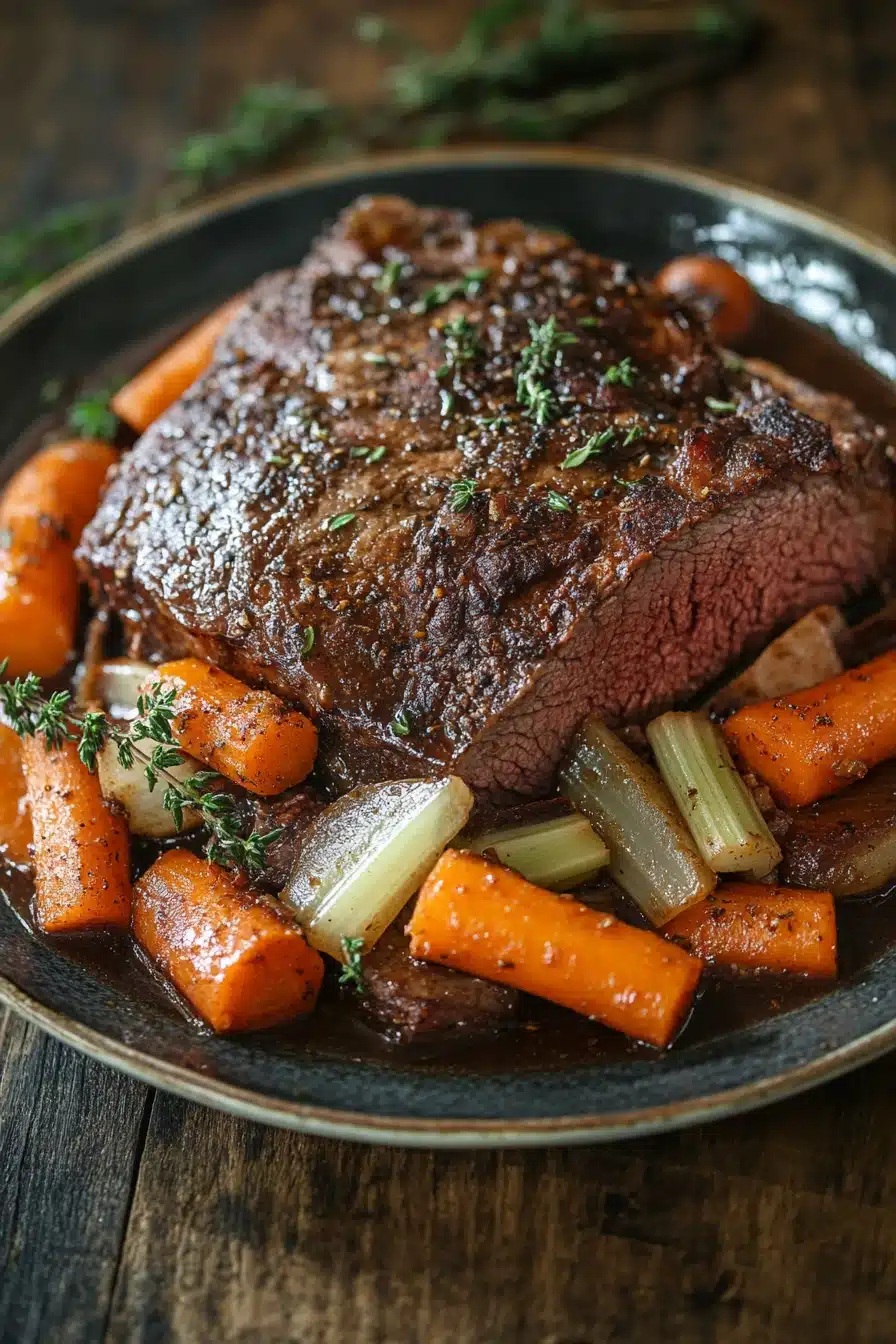 Close-up of a slow cooker beef chuck roast with rich textures and natural lighting.