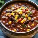 Close-up of slow cooker black bean taco chili with vibrant colors and fresh ingredients