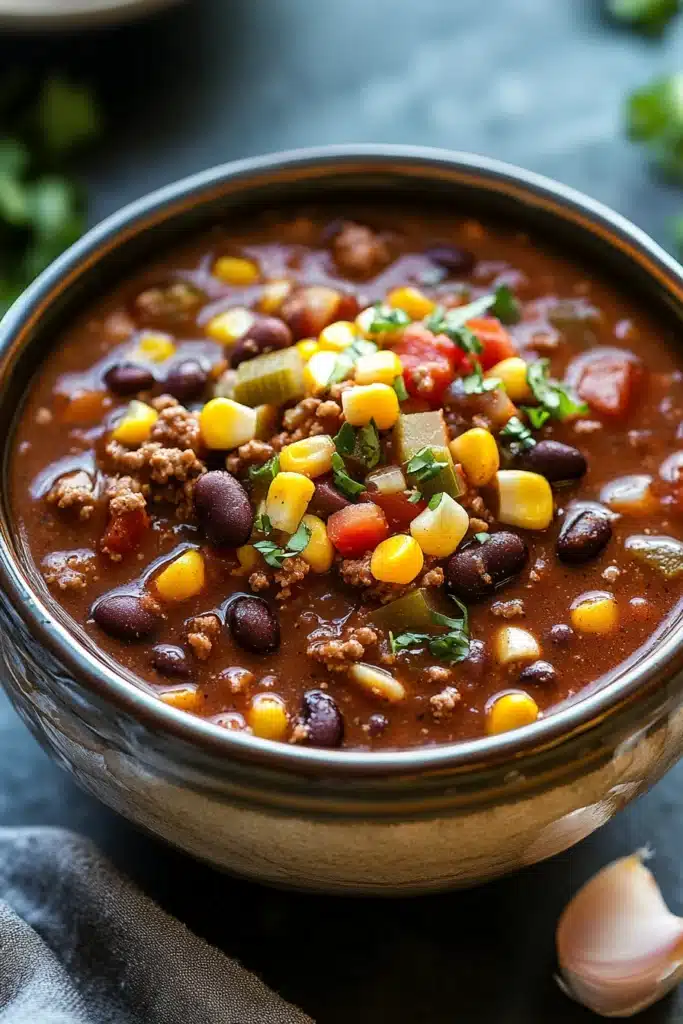 Close-up of slow cooker black bean taco chili with vibrant colors and fresh ingredients