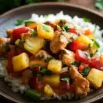 Close-up of slow cooker chicken Hawaiian with creamy sauce and herbs