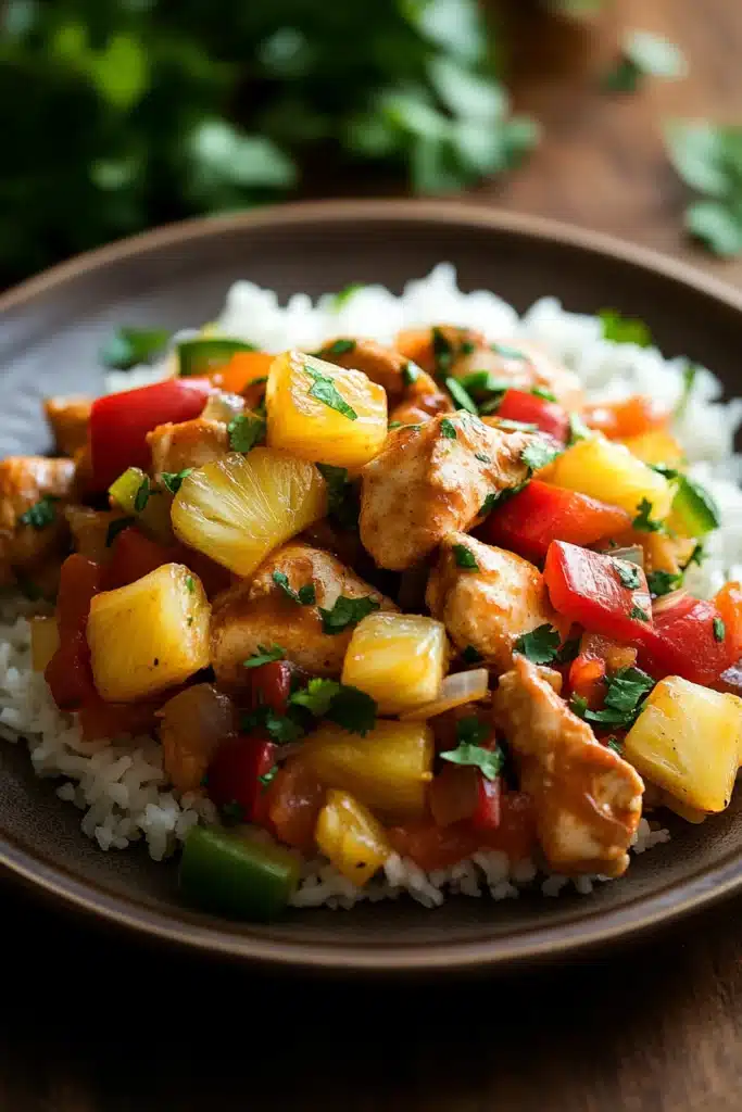 Close-up of slow cooker chicken Hawaiian with creamy sauce and herbs