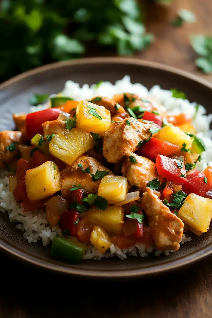 Close-up of slow cooker chicken Hawaiian with creamy sauce and herbs