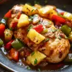 Close-up of a creamy slow cooker chicken Hawaiian dish with vibrant colors and appetizing presentation.