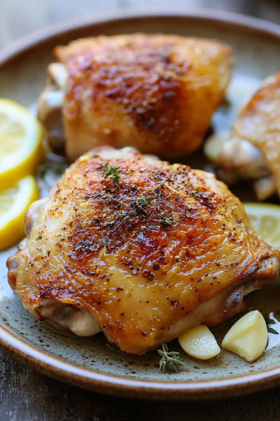 Close-up of a slow cooker chicken dish with creamy sauce, garnished with herbs, perfect for Whole 30.