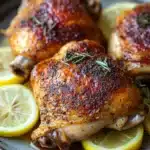 Close-up of a slow cooker chicken dish with herbs and creamy sauce, perfect for Whole 30.