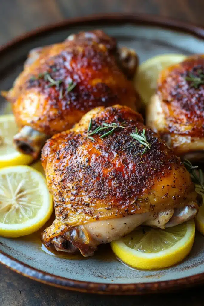 Close-up of a slow cooker chicken dish with herbs and creamy sauce, perfect for Whole 30.