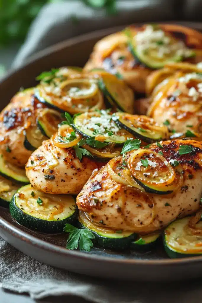 Close-up of slow cooker chicken with zucchini in a creamy sauce, garnished with herbs.