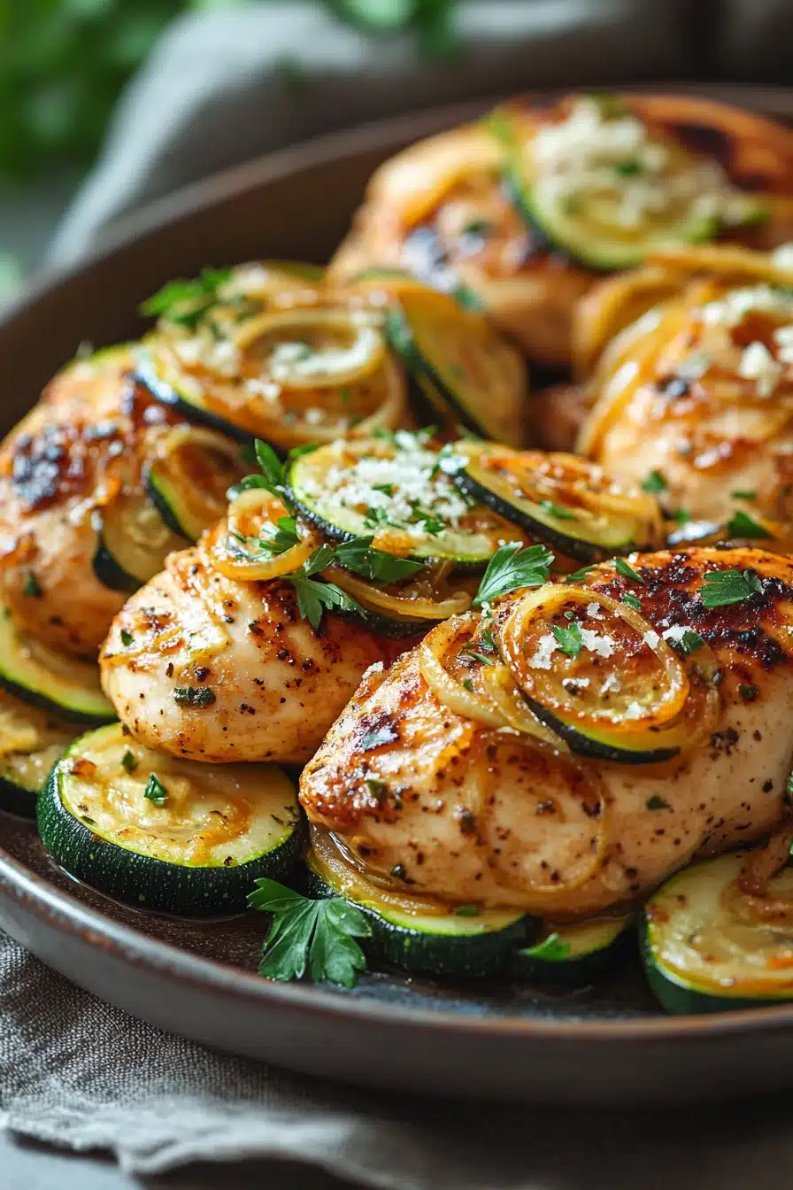 Close-up of slow cooker chicken with zucchini in a creamy sauce, garnished with herbs.