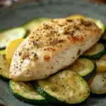 Close-up of slow cooker chicken and zucchini with bright, natural lighting.