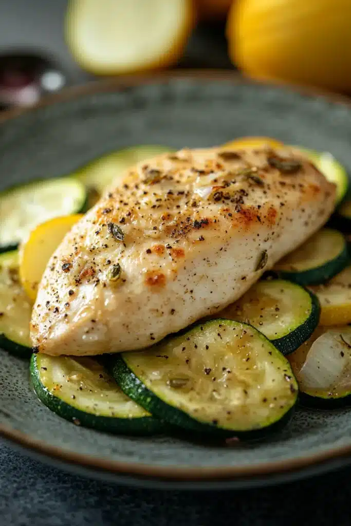 Close-up of slow cooker chicken and zucchini with bright, natural lighting.