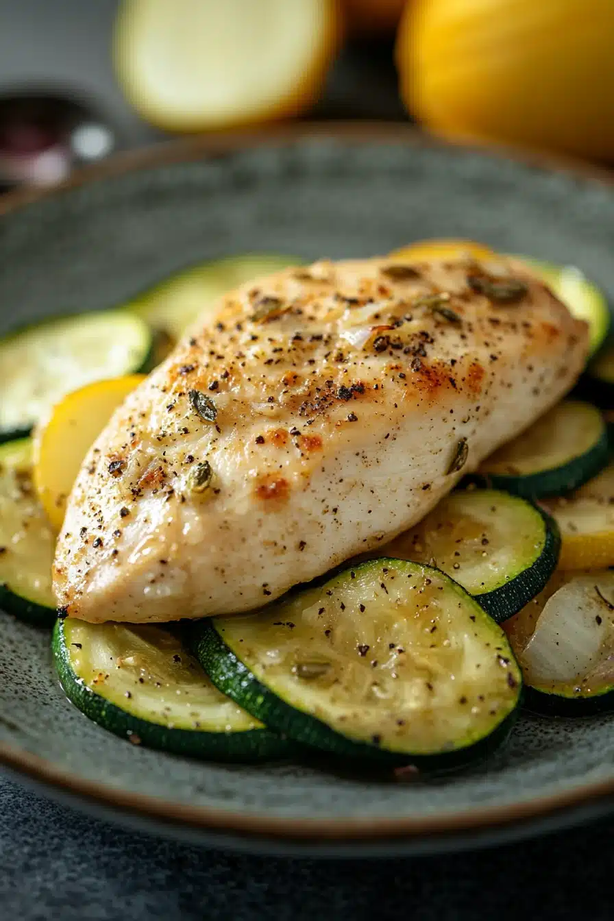 Close-up of slow cooker chicken and zucchini with bright, natural lighting.