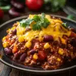 Close-up of a slow cooker chili cheese casserole with melted cheese and beans.