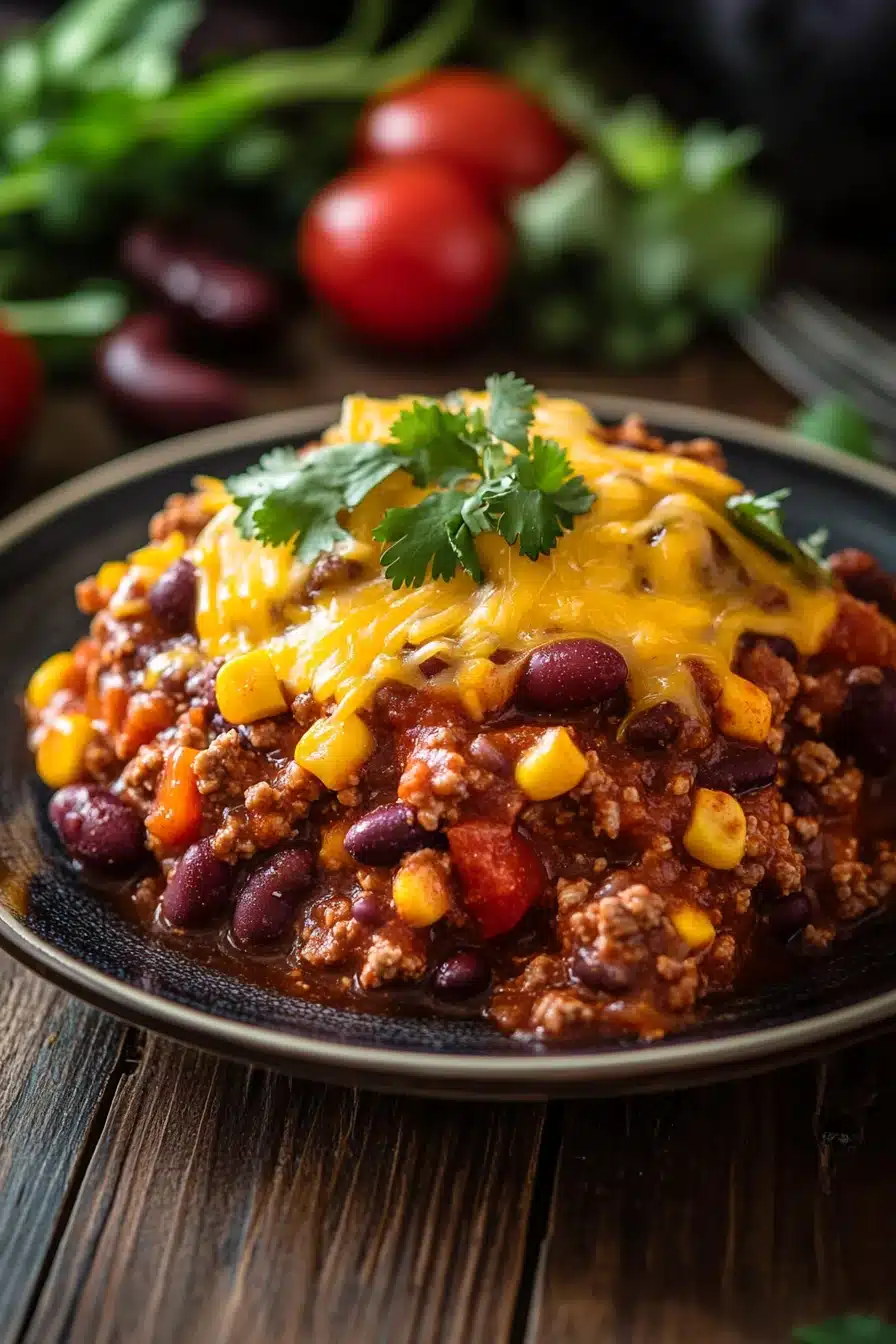 Close-up of a slow cooker chili cheese casserole with melted cheese and beans.