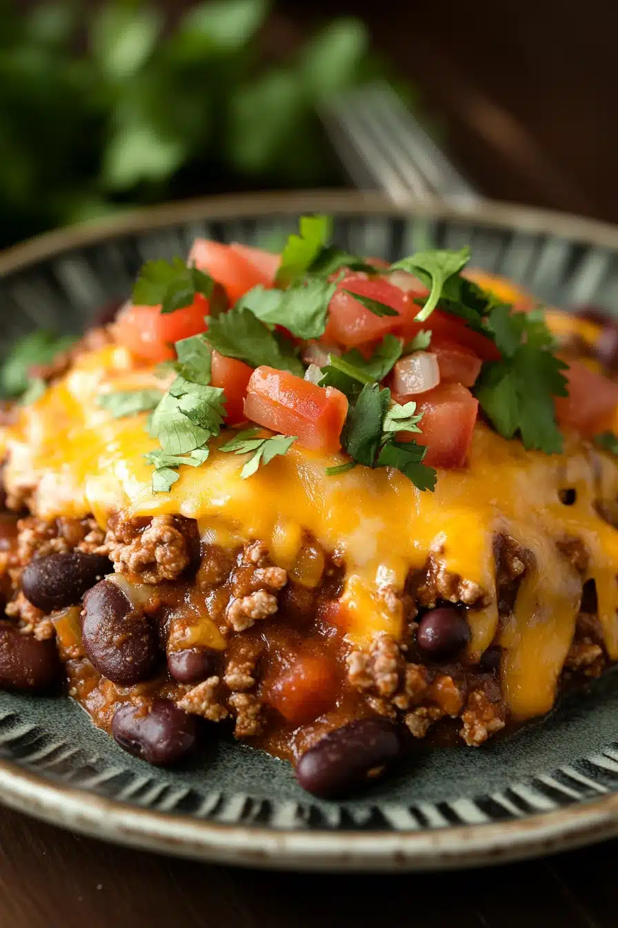 Close-up of a cheesy slow cooker chili cheese casserole with melted cheese and herbs