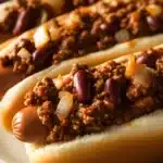 Close-up of slow cooker chili dogs with melted cheese and garnishes on a clean plate.