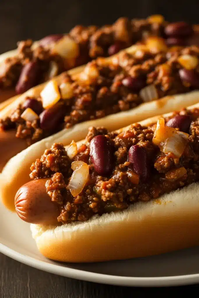 Close-up of slow cooker chili dogs with melted cheese and garnishes on a clean plate.