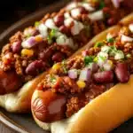 Close-up of slow cooker chili dogs with melted cheese and garnishes on a clean background.