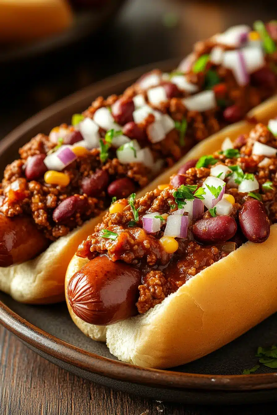 Close-up of slow cooker chili dogs with melted cheese and garnishes on a clean background.