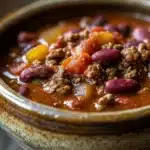 Close-up of a hearty slow cooker chili by Sarah DiGregorio with beans and spices.