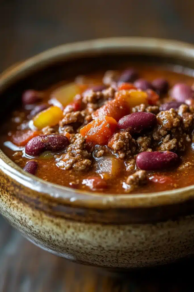 Close-up of a hearty slow cooker chili by Sarah DiGregorio with beans and spices.