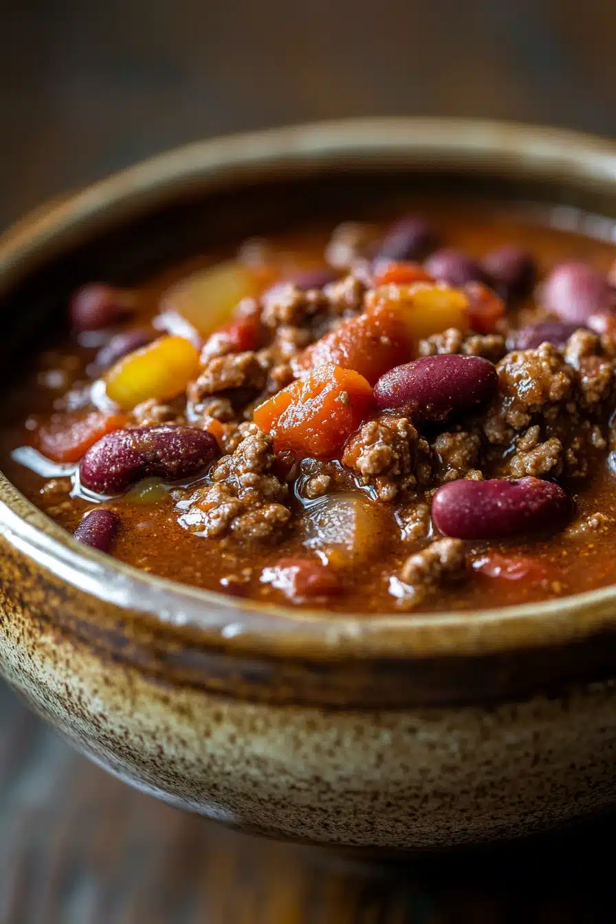 Close-up of a hearty slow cooker chili by Sarah DiGregorio with beans and spices.